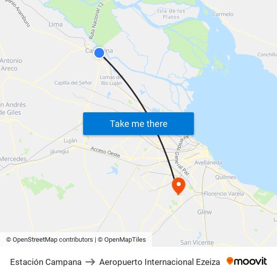 Estación Campana to Aeropuerto Internacional Ezeiza map