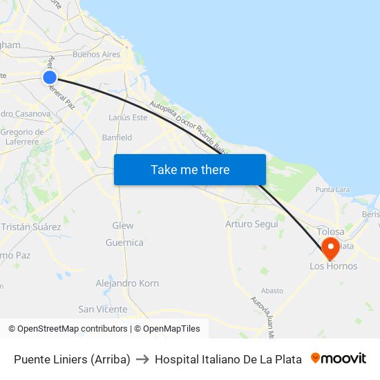 Puente Liniers (Arriba) to Hospital Italiano De La Plata map