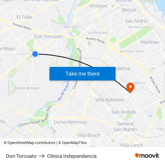Don Torcuato to Clínica Independencia map