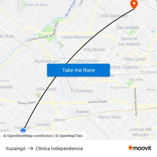 Ituzaingó to Clínica Independencia map