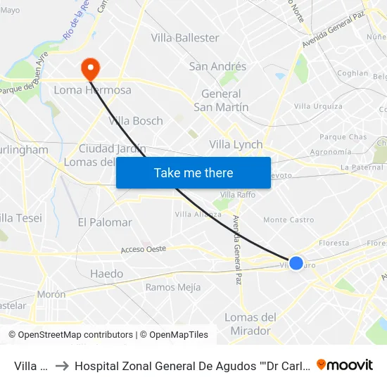 Villa Luro to Hospital Zonal General De Agudos ""Dr Carlos A. Bocalandro"" map