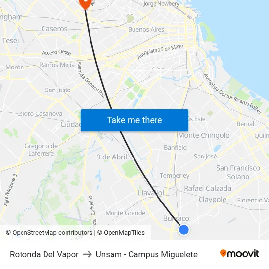 Rotonda Del Vapor to Unsam - Campus Miguelete map