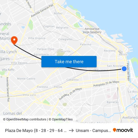 Plaza De Mayo (8 - 28 - 29 - 64 - 105 - 111 - 146) to Unsam - Campus Miguelete map