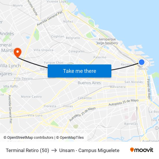 Terminal Retiro (50) to Unsam - Campus Miguelete map