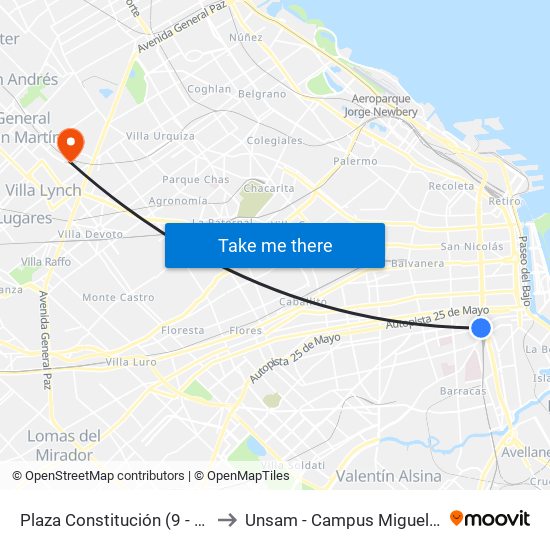 Plaza Constitución (9  - 91) to Unsam - Campus Miguelete map