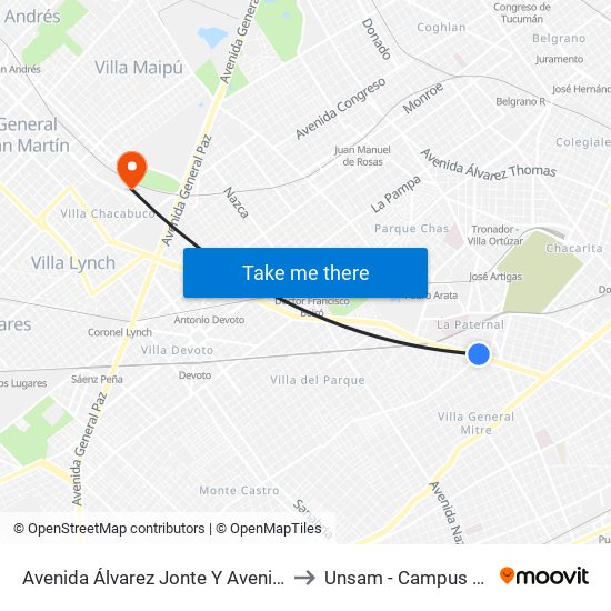 Avenida Álvarez Jonte Y Avenida San Martín to Unsam - Campus Miguelete map