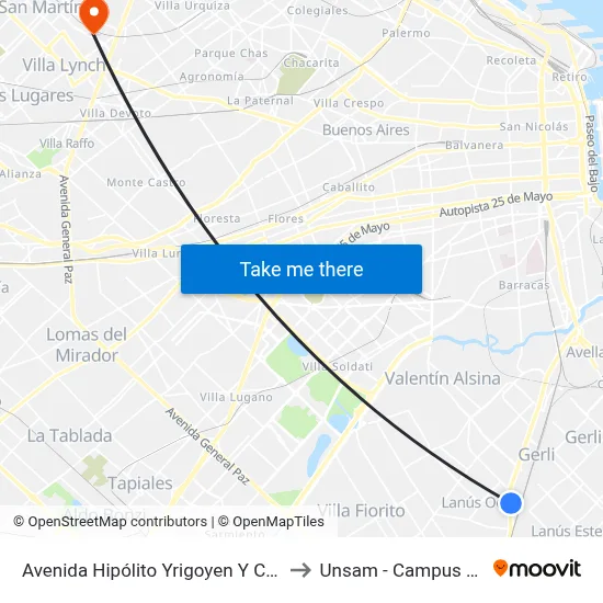 Avenida Hipólito Yrigoyen Y Coronel Ramos to Unsam - Campus Miguelete map