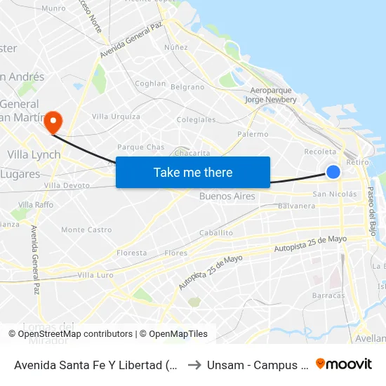 Avenida Santa Fe Y Libertad (101 - 108 - 152) to Unsam - Campus Miguelete map