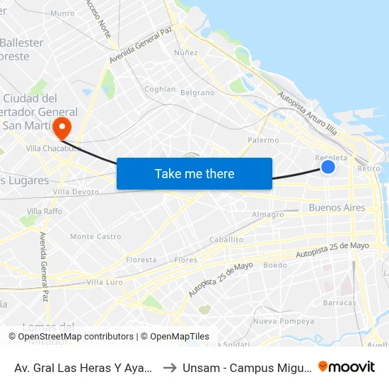 Av. Gral Las Heras Y Ayacucho to Unsam - Campus Miguelete map