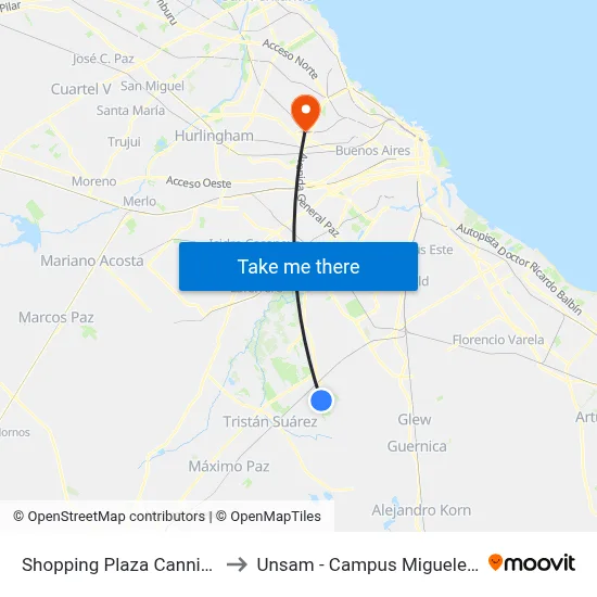 Shopping Plaza Canning to Unsam - Campus Miguelete map