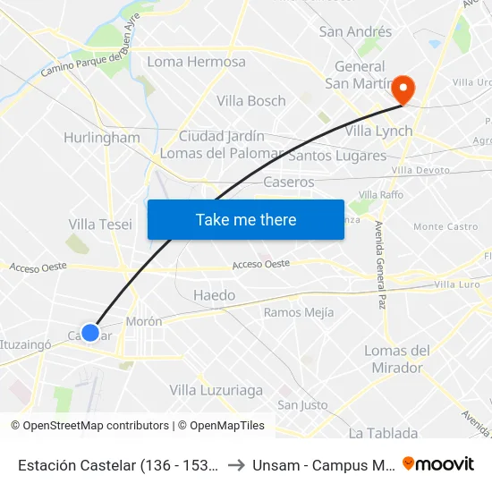 Estación Castelar (136 - 153/253 - 322) to Unsam - Campus Miguelete map