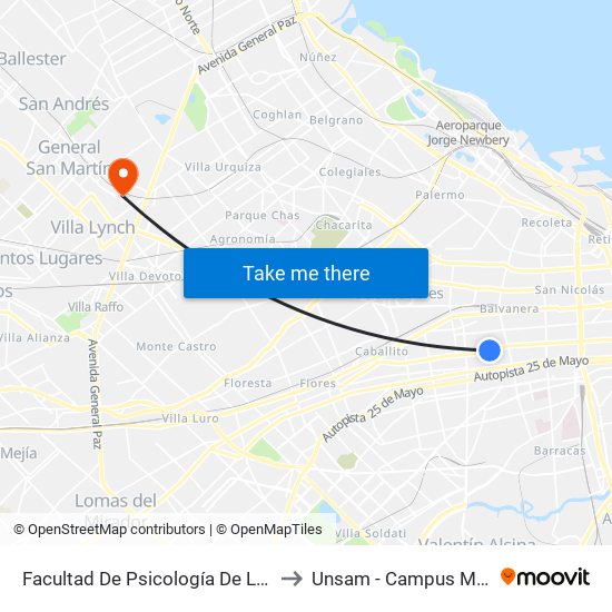 Facultad De Psicología De La Uba (96) to Unsam - Campus Miguelete map