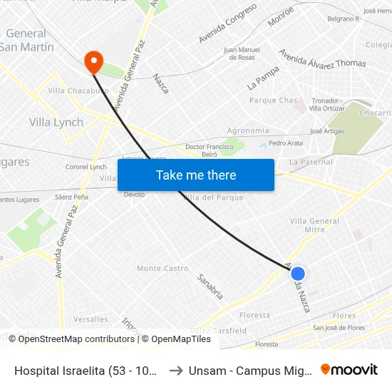 Hospital Israelita (53 - 106 - 181) to Unsam - Campus Miguelete map
