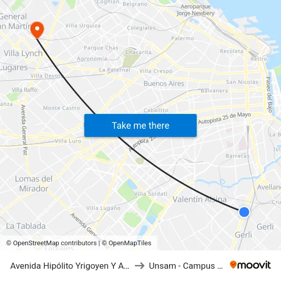 Avenida Hipólito Yrigoyen Y Avenida Galicia to Unsam - Campus Miguelete map