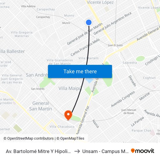 Av. Bartolomé Mitre Y Hipolito Yrigoyen to Unsam - Campus Miguelete map