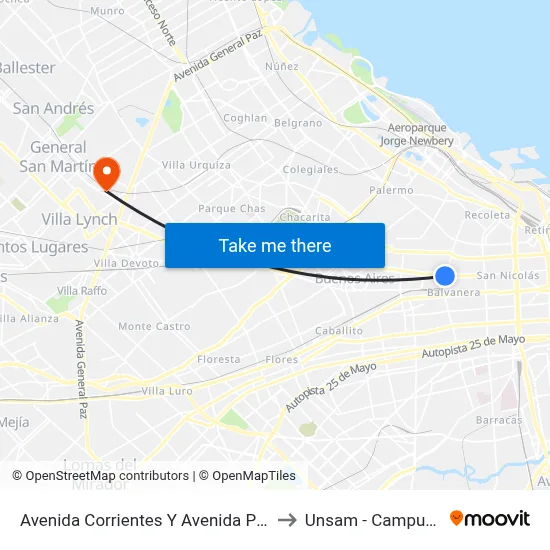 Avenida Corrientes Y Avenida Pueyrredón (24 - 26) to Unsam - Campus Miguelete map
