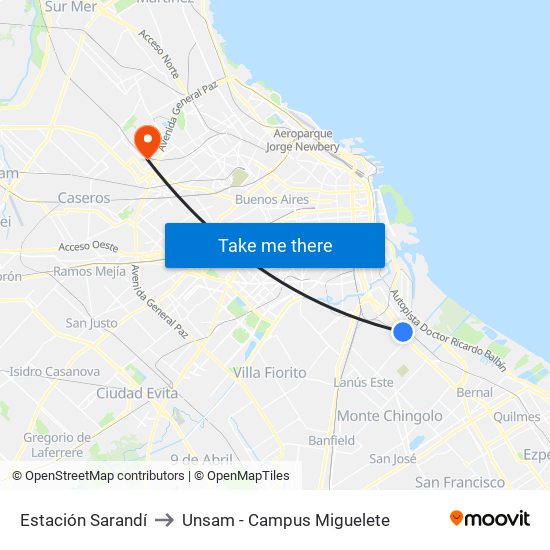 Estación Sarandí to Unsam - Campus Miguelete map