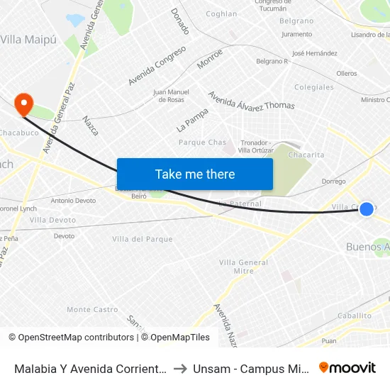 Malabia Y Avenida Corrientes (110) to Unsam - Campus Miguelete map