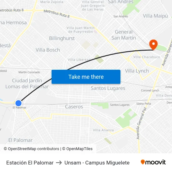 Estación El Palomar to Unsam - Campus Miguelete map