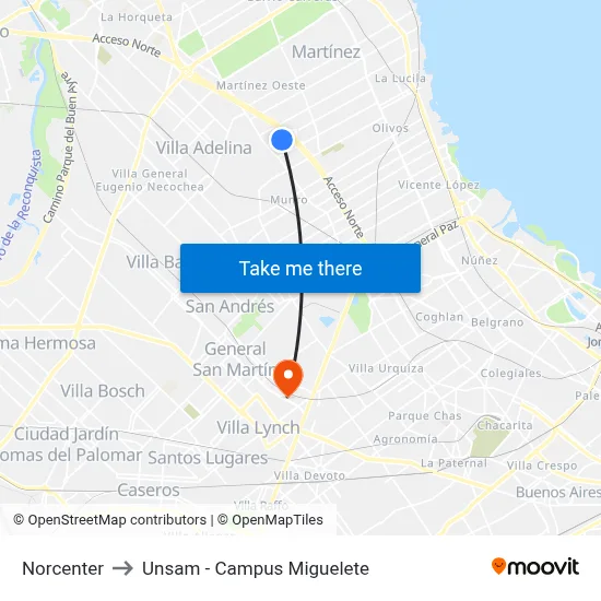 Norcenter to Unsam - Campus Miguelete map