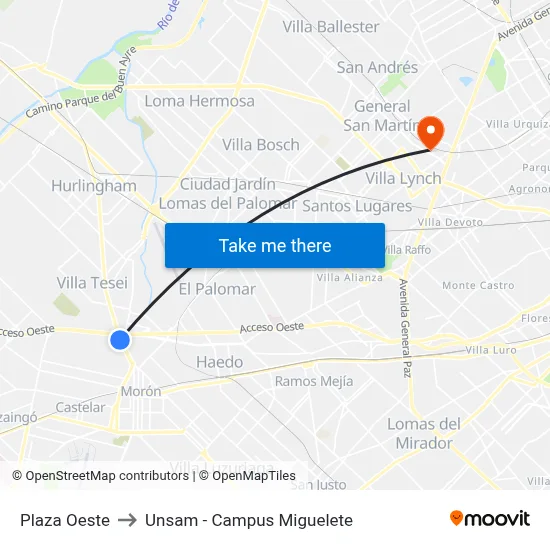 Plaza Oeste to Unsam - Campus Miguelete map