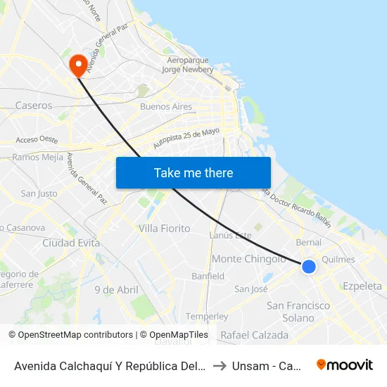 Avenida Calchaquí Y República Del Líbano (85 - 98 - 148 - 257 - 293) to Unsam - Campus Miguelete map