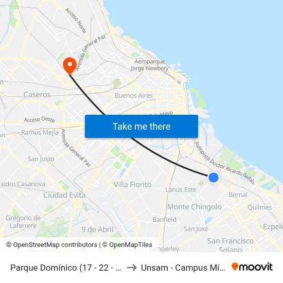 Parque Domínico (17 - 22 - 98 - 197) to Unsam - Campus Miguelete map