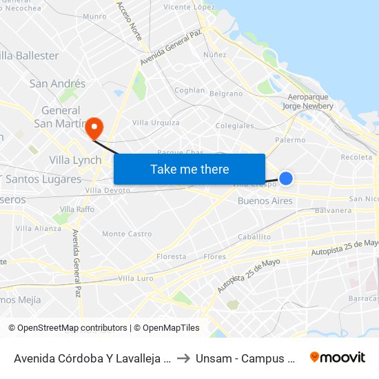 Avenida Córdoba Y Lavalleja (151 - 168) to Unsam - Campus Miguelete map