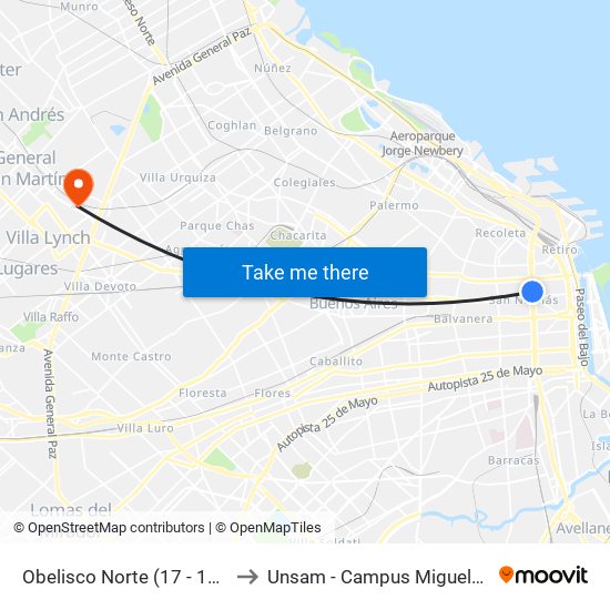 Obelisco Norte (17 - 100) to Unsam - Campus Miguelete map