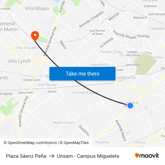 Plaza Sáenz Peña to Unsam - Campus Miguelete map