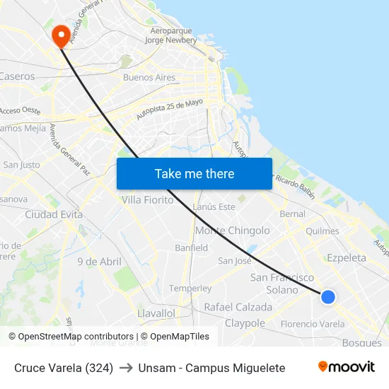 Cruce Varela (324) to Unsam - Campus Miguelete map