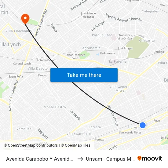 Avenida Carabobo Y Avenida Rivadavia to Unsam - Campus Miguelete map