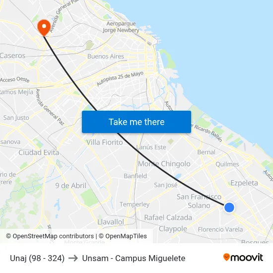 Unaj (98 - 324) to Unsam - Campus Miguelete map