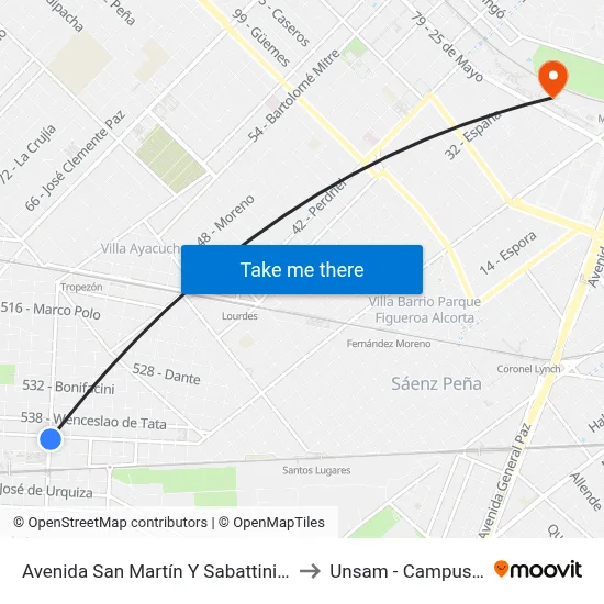 Avenida San Martín Y Sabattini (105 - 123 - 343) to Unsam - Campus Miguelete map