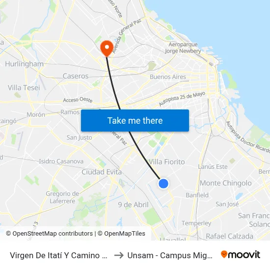 Virgen De Itatí Y Camino Negro to Unsam - Campus Miguelete map