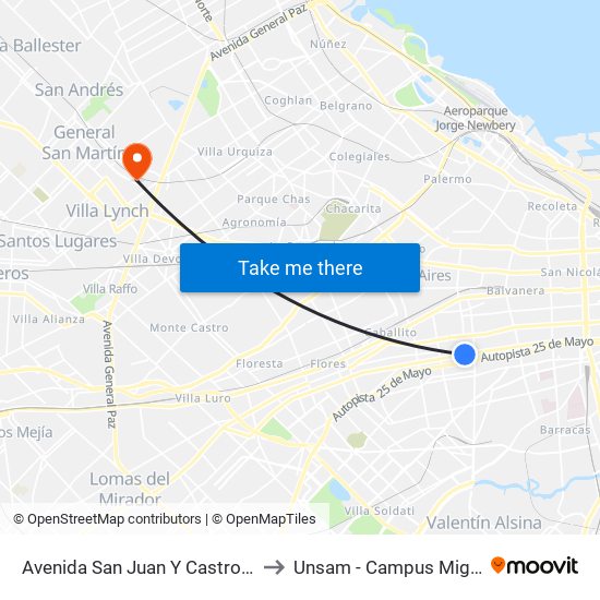 Avenida San Juan Y Castro Barros to Unsam - Campus Miguelete map