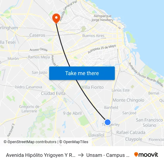 Avenida Hipólito Yrigoyen Y Ramón Falcón to Unsam - Campus Miguelete map