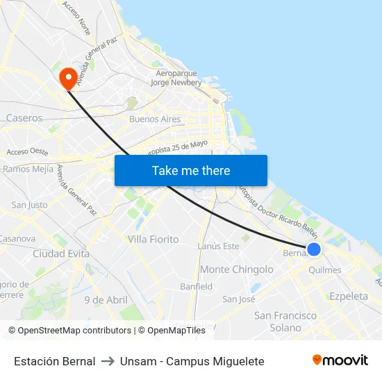 Estación Bernal to Unsam - Campus Miguelete map