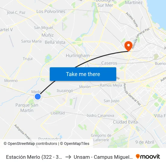 Estación Merlo (322 - 336) to Unsam - Campus Miguelete map