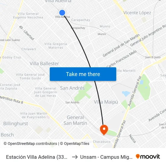 Estación Villa Adelina (333 - 707) to Unsam - Campus Miguelete map