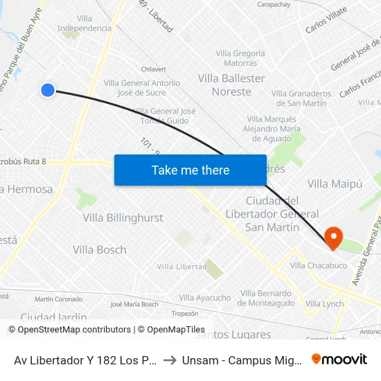Av Libertador Y 182 Los Pinares to Unsam - Campus Miguelete map