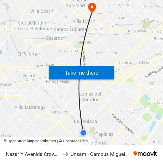 Nazar Y Avenida Crovara to Unsam - Campus Miguelete map