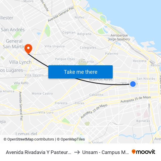 Avenida Rivadavia Y Pasteur (90 - 151) to Unsam - Campus Miguelete map