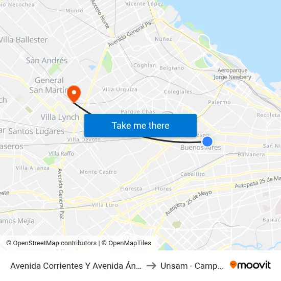 Avenida Corrientes Y Avenida Ángel Gallardo (106 - 109) to Unsam - Campus Miguelete map