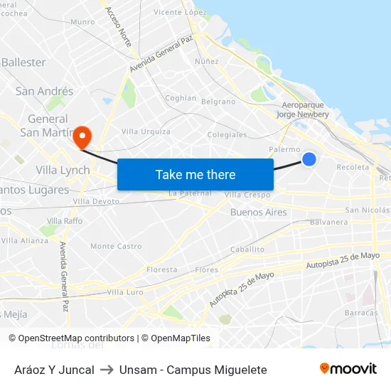 Aráoz Y Juncal to Unsam - Campus Miguelete map