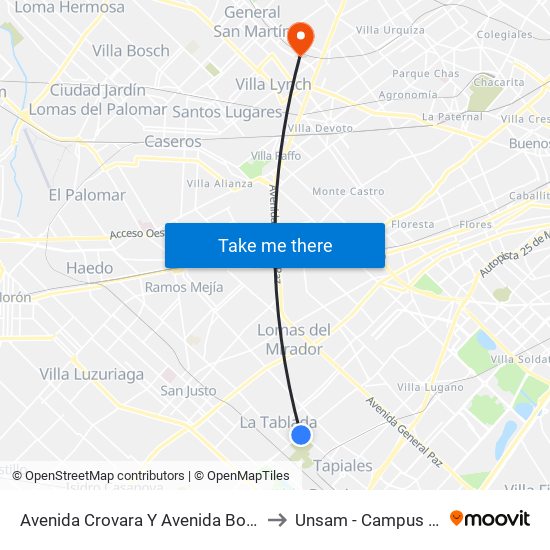 Avenida Crovara Y Avenida Boulogne Sur Mer to Unsam - Campus Miguelete map