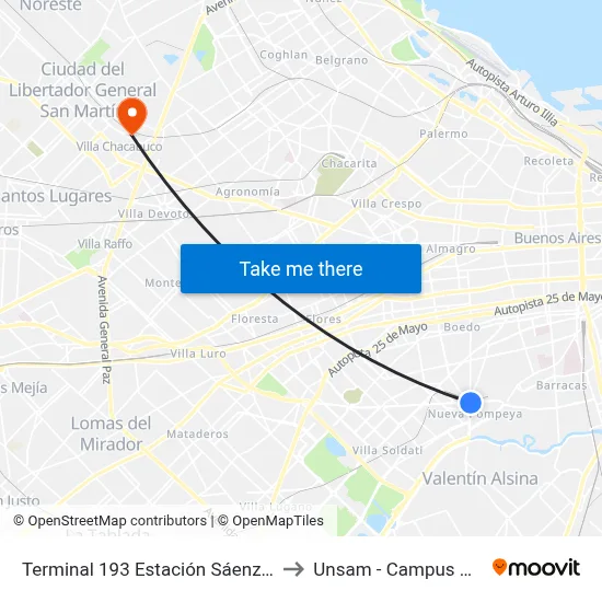 Terminal 193 Estación Sáenz (Descenso) to Unsam - Campus Miguelete map