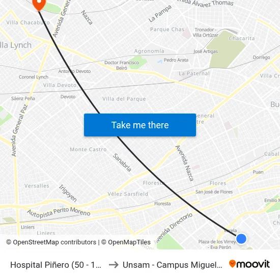 Hospital Piñero (50 - 132) to Unsam - Campus Miguelete map