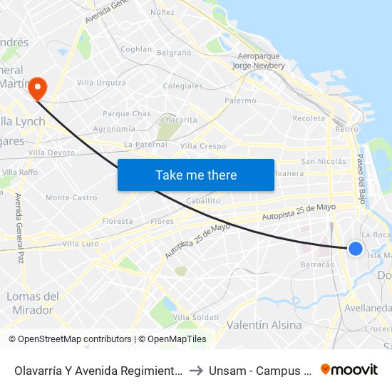 Olavarría Y Avenida Regimiento De Patricios to Unsam - Campus Miguelete map