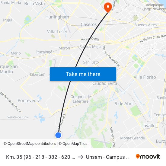 Km. 35 (96 - 218 - 382 - 620 - 621 - 622) to Unsam - Campus Miguelete map